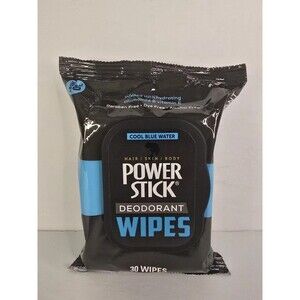 Power Stick Deodorant Wipes, Cool Blue Water Hair & Body Gym/Travel/Home